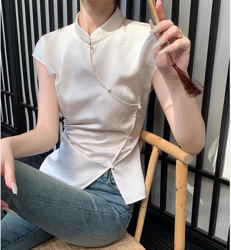 Áo thun nữ không tay kiểu Trung Quốc mới, ôm dáng, màu trắng be — Màu trắng be chi tiết 8