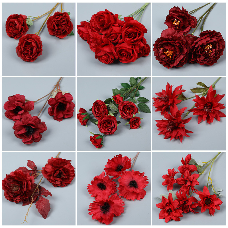 紅色仿真花 婚禮堂裝飾插花婚慶假花花束文心蘭仿真玫瑰假花批發