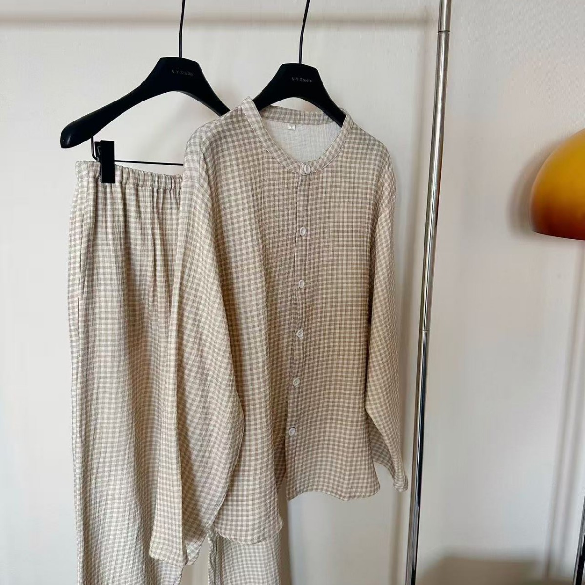 Autumn New Simple Solid Color Yarn-Dyed Pajamas Men's Long-Sleeved Trousers Can Be Worn Outside Home Casual Home Clothes Suit Wholesale