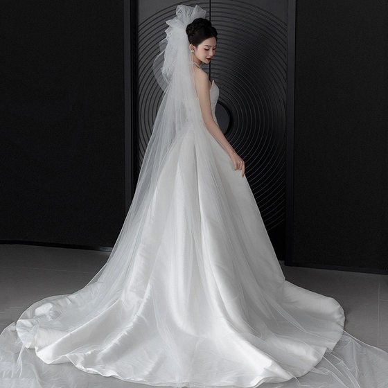 French Style Light Wedding Dress Bride's Simple Satin Strapless High-end Small Tail Main Yarn Welcome Out Yarn White Gown