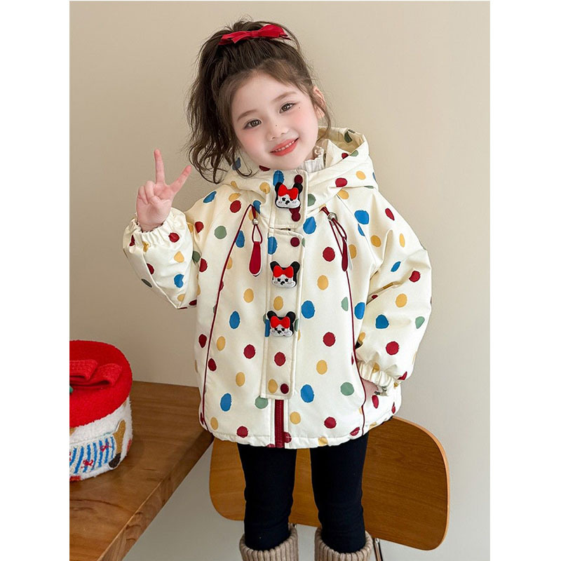 女童夹棉连帽冲锋衣外套秋冬季小女孩波点卡通立体玩偶开衫夹克衫