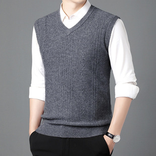 Young and Middle-aged Autumn and Winter Men's V-neck Knitted 100 Wool Vest Vest Business Casual Men's Sleeveless Waistcoat Wool