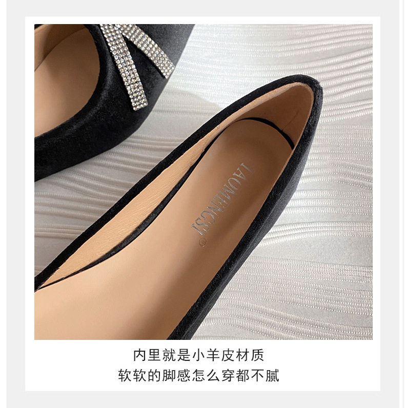 Giày búp bê nữ mũi nhọn đế bệt thêu nơ đính đá — Màu đen (đế bằng) chi tiết 13