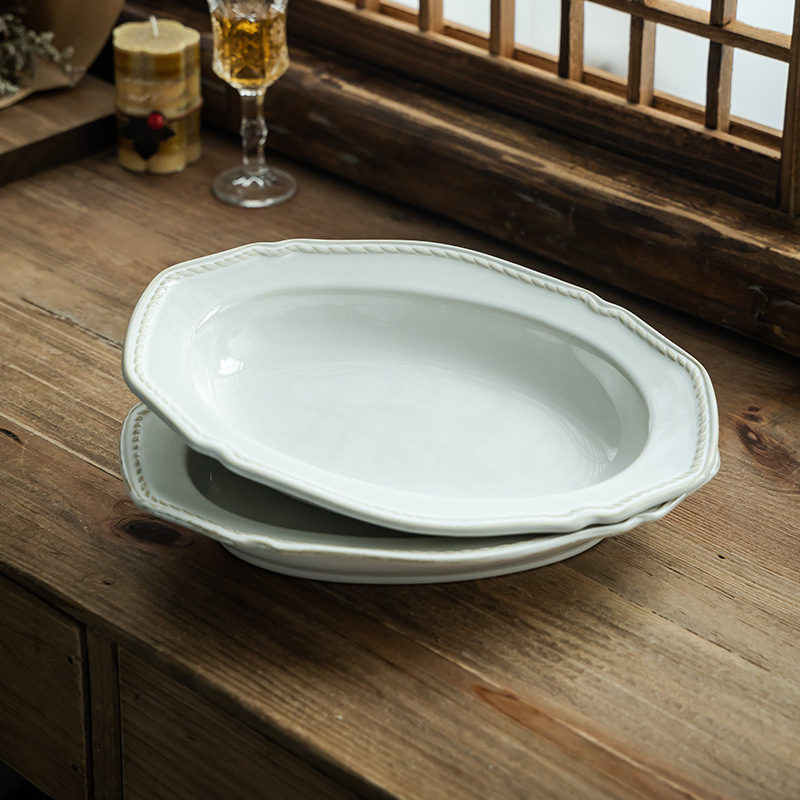 Cerámica retro francesa en relieve de alta calidad, platos de comida occidentales, platos de pescado al vapor, platos de ensalada de frutas, platos al por mayor