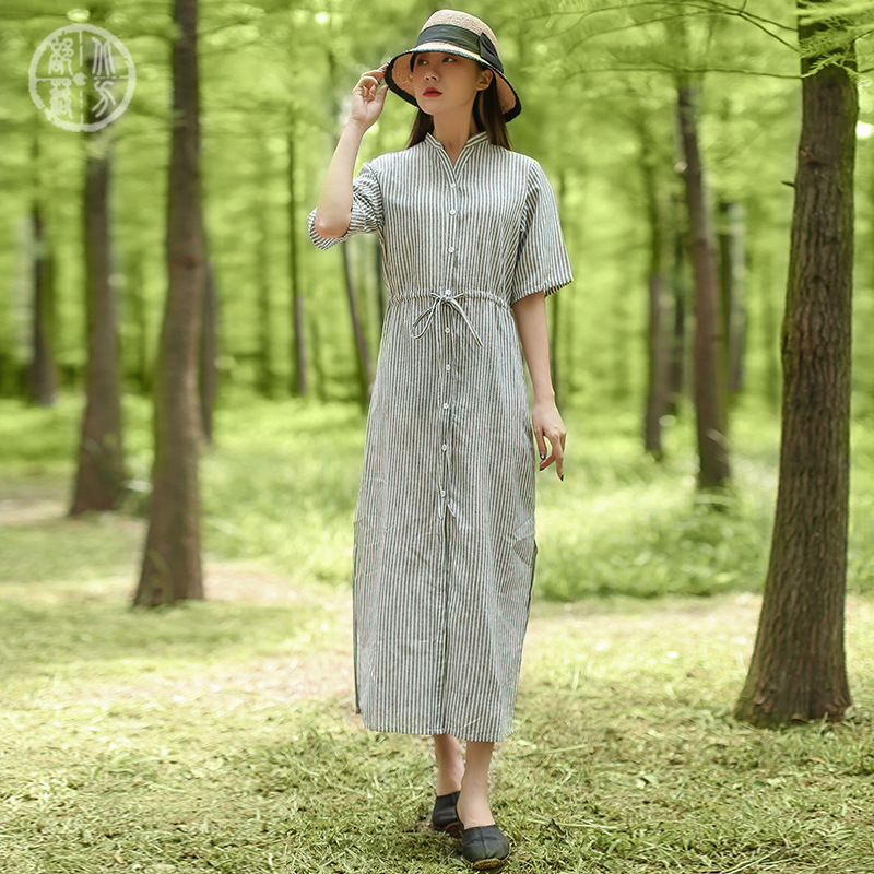 北方部落原创设计棉麻女装衬衫开扣两穿条纹色织亚麻棉连衣裙mmys