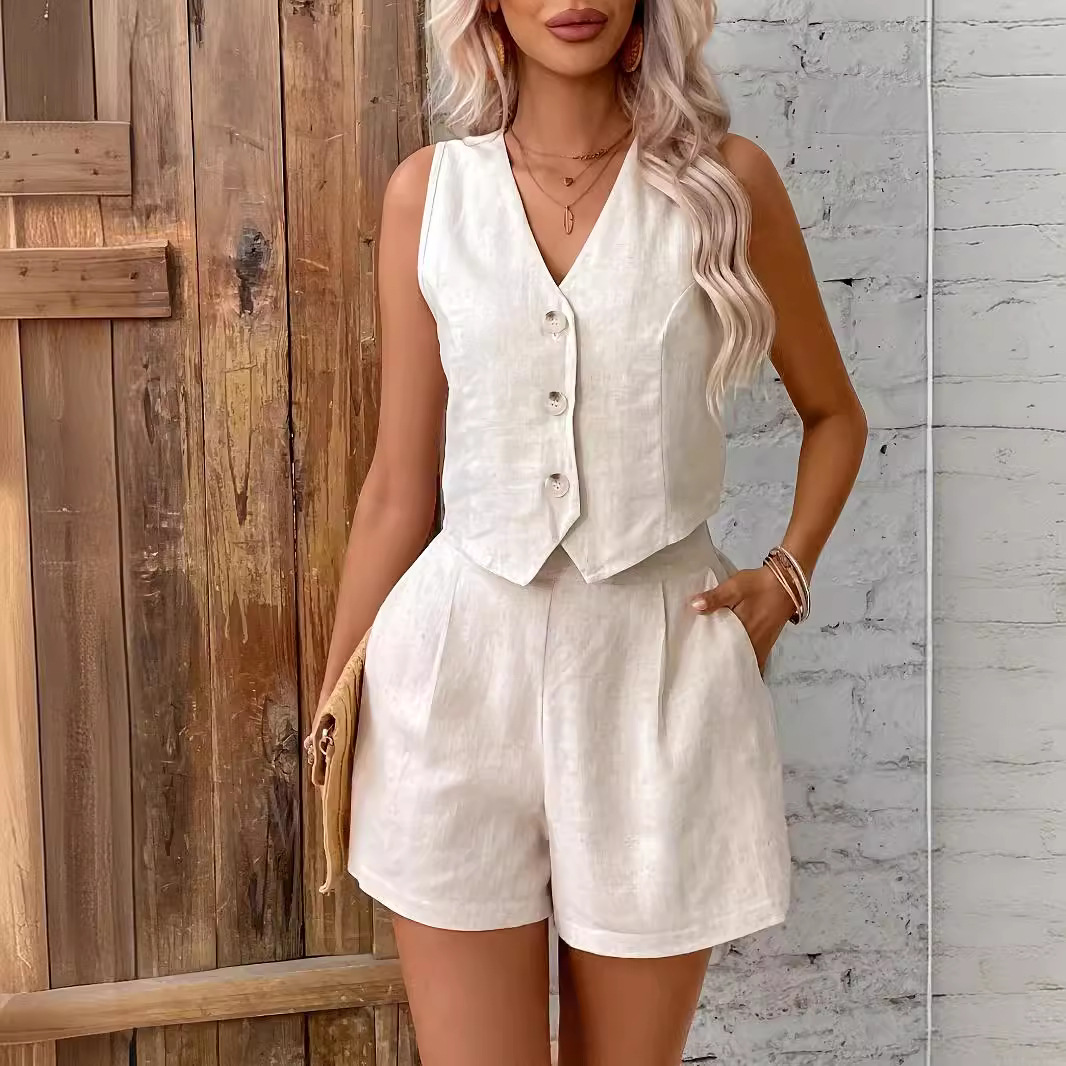 2024 Europäisch-Amerikanisch-Französischer Stil: Unifarbenes Freizeit-Set aus Weste und Shorts für Damen_voghion.com