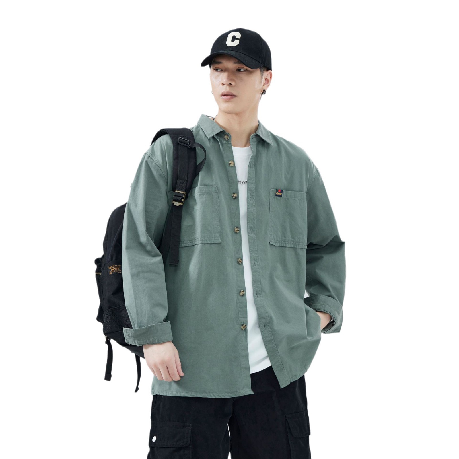 Camisas de fábrica personalizadas de primavera y verano de algodón, mangas largas, herramientas sueltas, bolsillo de doble cuello, estilo americano de alta calidad.