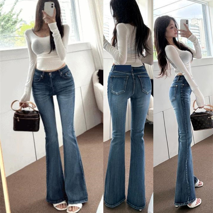 Korean Style Superior Hip Line Retro Slim Fit Jeans for Women Autumn High Waist Elastic Slimming Washed Bootcut Jeans Korean Style Superior Hip Line Retro Slim Fit Jeans for Women Autumn High Waist Elastic Slimming Washed Bootcut Jeans
