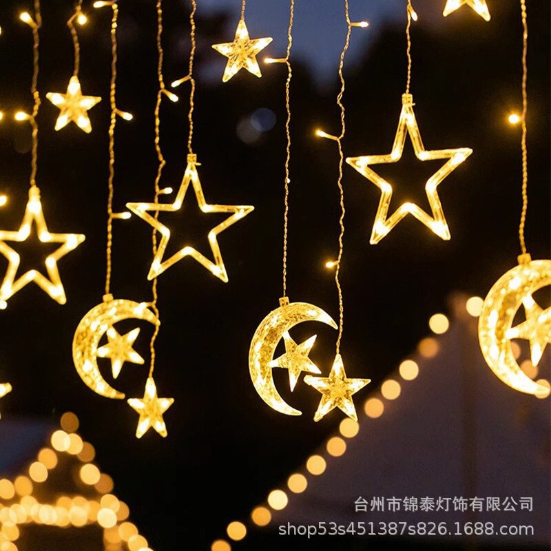 Led Indoor Star and Moon Curtain Light Outdoor Solar USB Remote Control Moon Light Christmas Star Fairy Light String