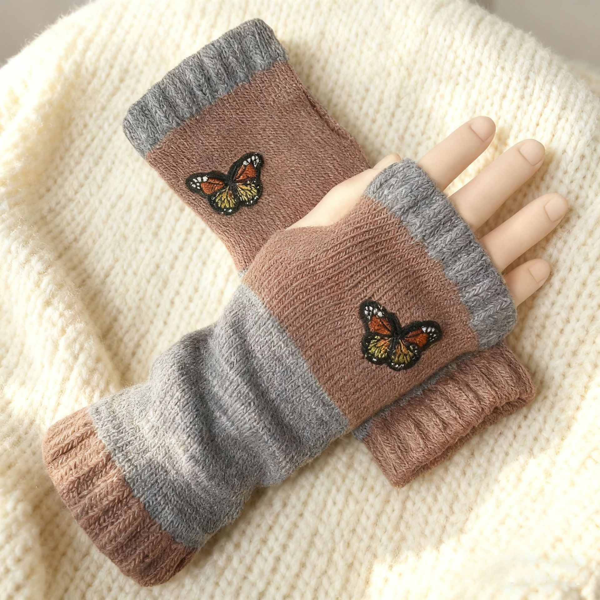 Knitted Fingerless Gloves For Women Warm Embroidered Patchwork_voghion.com