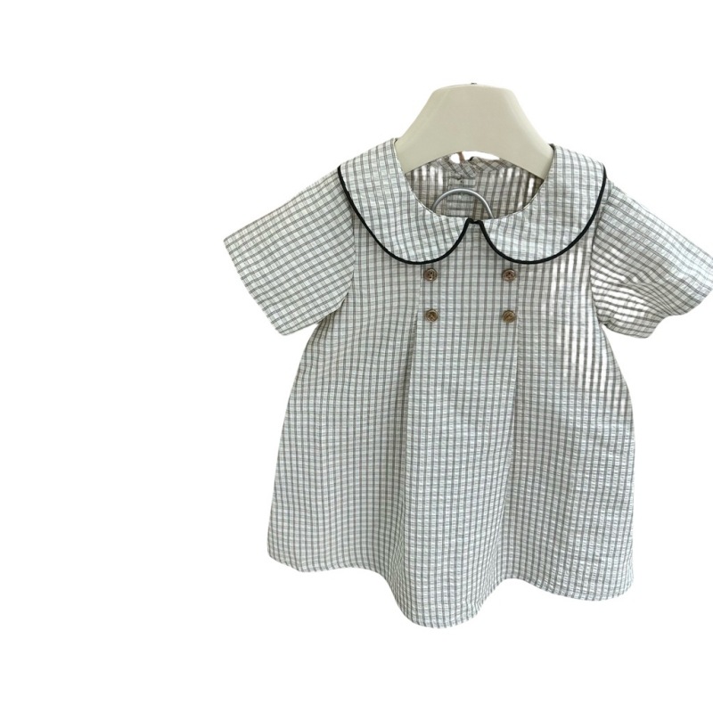 Vestido de siete niñas con limón salado, vestido a cuadros con cuello de muñeca en contraste para niñas de verano, vestido de princesa dulce, vestido de estilo occidental