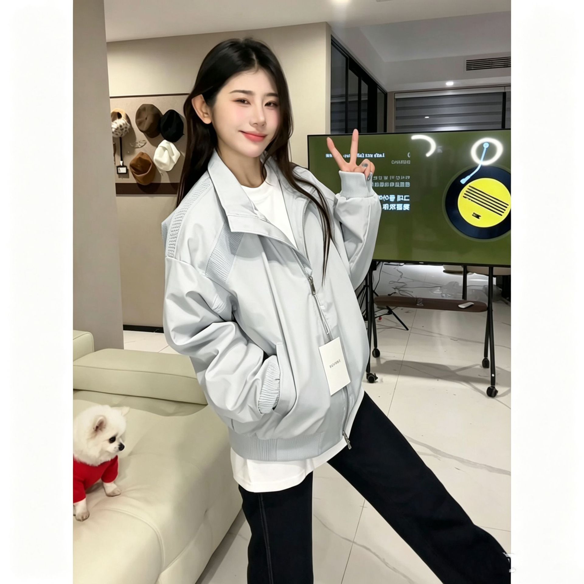Cleanfit Light Gray Short Stand Collar Jacket for Women, Spring American Retro Baseball Jacket, Pilot Style