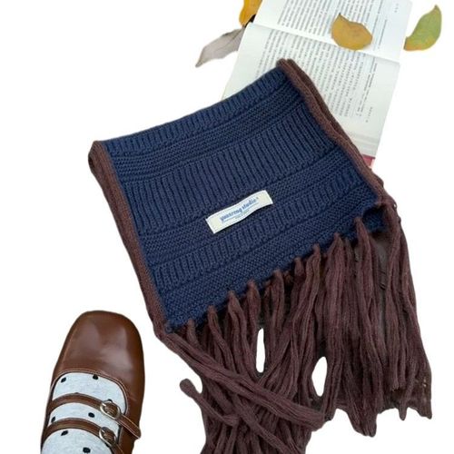 Korean Color Block Knit Scarf Long Wool Fringe Neck Scarf Women Autumn Winter Thick Warm Atmospheric Shawl Trendy