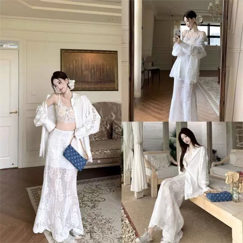 2025 новый весенне-летний корейский костюм с кружевными вставками, длинная рубашка, юбка на подтяжках, длинная юбка, комплект из трех предметов