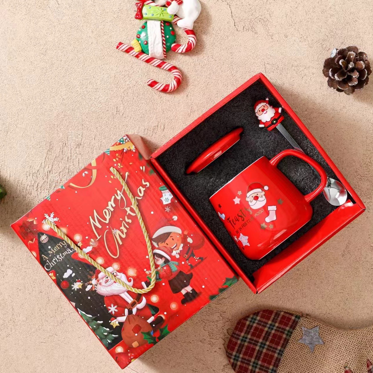 Juego de Tazas de Cerámica con Tapa y Cuchara, Taza para Agua, Regalo de Navidad, Recuerdo, Edición Limitada de Navidad