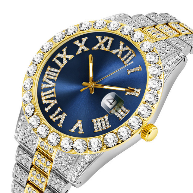 Europa y América nuevo estilo agua fantasma grande rhinestone diamante reloj de los hombres escala romana calendario hip hop reloj de los hombres reloj de oro verde completo reloj de diamantes