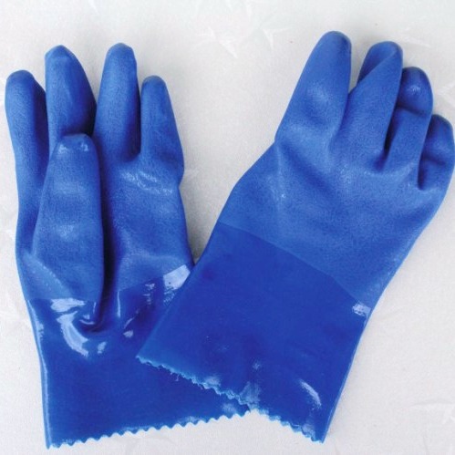 厂家直销 蓝色防油手套 PVC浸塑手套 耐酸碱工业胶手套