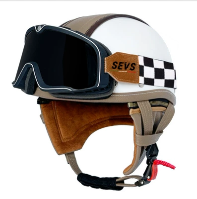Scoop Helmet Adult Handmade Leather Helmet | Motosiklet kaskı (dəbilqə) - bright-white-coffee-leather-mige-large-frame-goggles-s