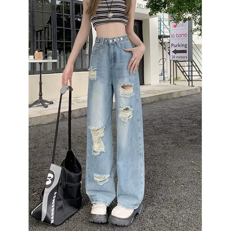 Тонкие дизайнерские джинсы, брюки, oversize, высокий пояс, обтягивающие, для подростков, свободный прямой крой