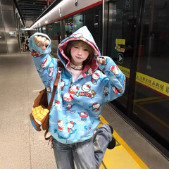 美式复古撞色猫咪双帽迷彩连帽卫衣女秋冬潮牌宽松休闲拉链外套
