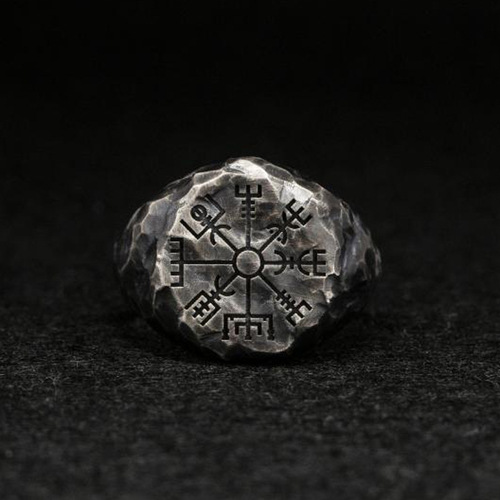 Chiba Nordic hand-engraved compass ring with men's personality and trendy retro Thai silver ring with adjustable opening