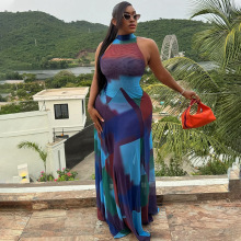 欧美风跨境新款女装时尚印花收腰包臀裙透视网纱无袖度假长连衣裙