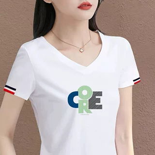 清仓捡漏~高档白色V领短袖t恤女装字母印花上衣洋气修身妈妈装