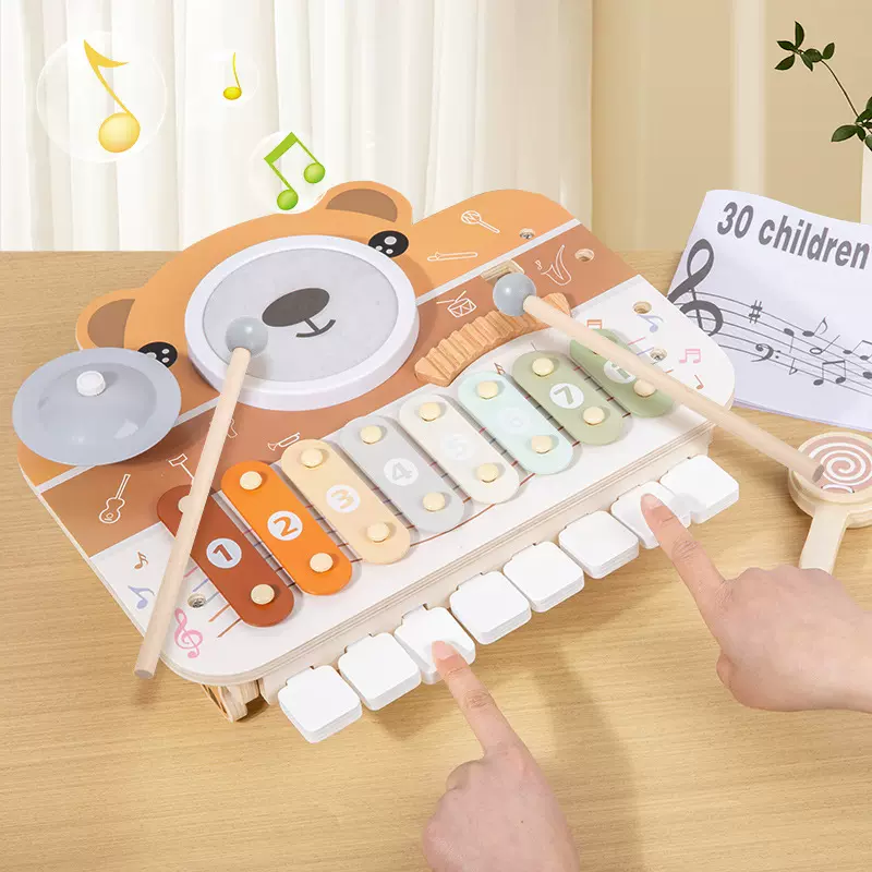 ce木制多功能小熊钢琴架子鼓儿童早教打击音乐台宝宝启蒙敲击乐器