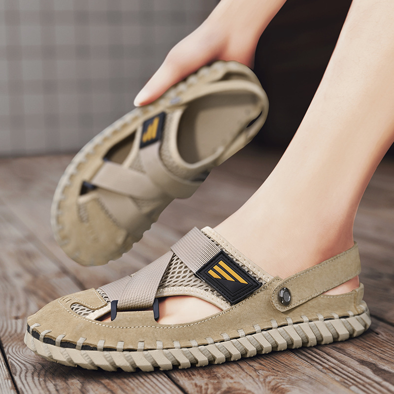 Hand-stitched Sandals Men's Fashionable Outwear Mesh-covered Soft-soled Leather Sandals Men's Beach Slippers Summer Breathable