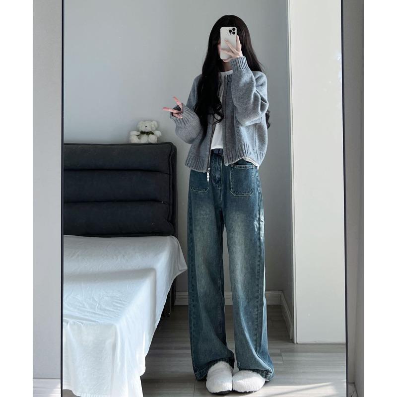 灰色短款毛衣外套女装秋冬2025新款宽松加厚拉链开衫长袖针织上衣|undefined