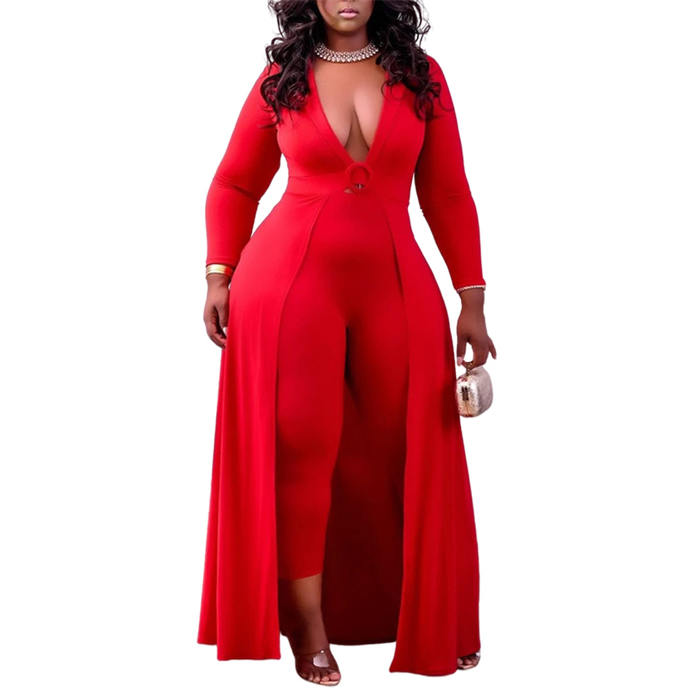 V-Neck Solid Color Slim Plus Size Jumpsuit NSCYF80208