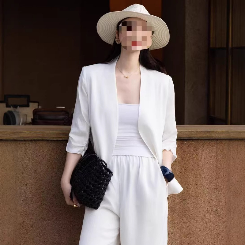 Copper Ammonia Silk Blazer for Women, Summer Thin Style, Elegant and Casual, Loose Fit, Three-Quarter Sleeves, Buttonless Cardigan Top