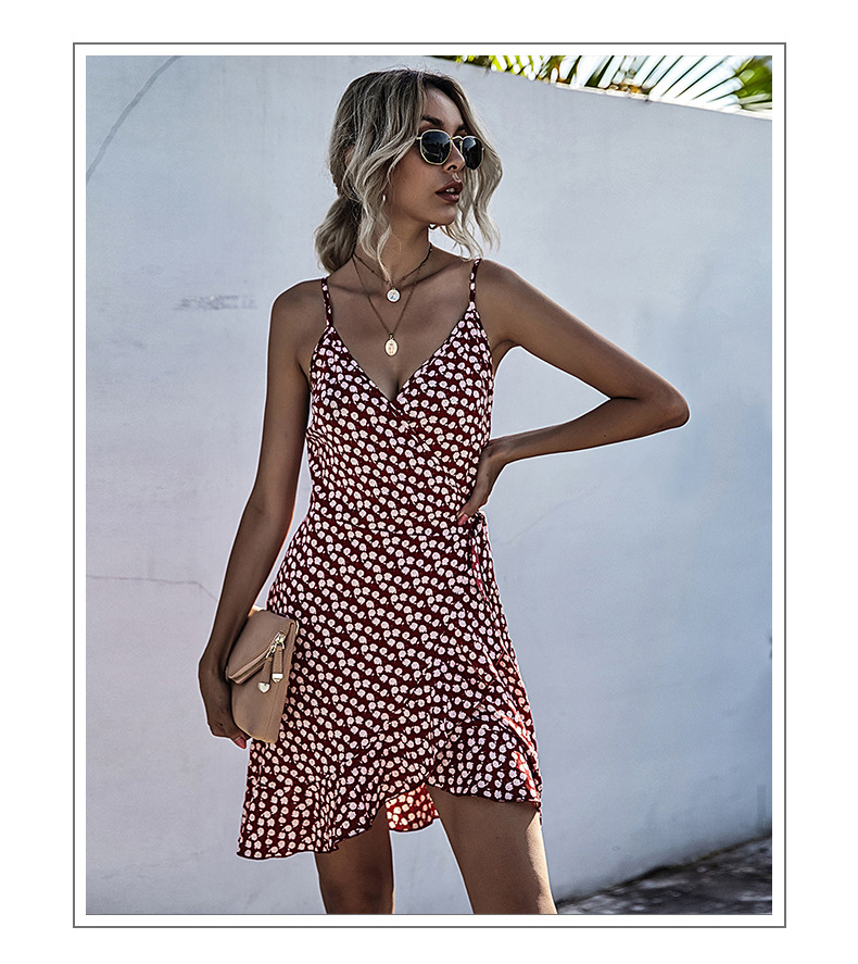 Printed Irregular Ruffled Sling Wrapped Dress  NSYMR48817