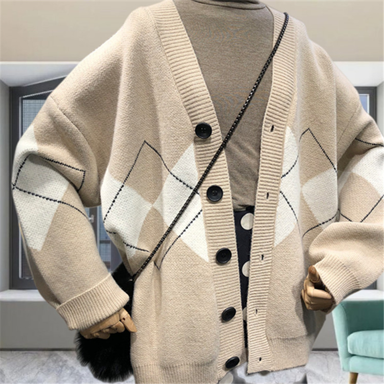 Ling karierte Pulloverjacke für Damen, Frühjahr 2024, neue koreanische Version, lockere und schlankmachende V-Ausschnitt-Strickjacke mit Knopfleiste für Damen_voghion.com