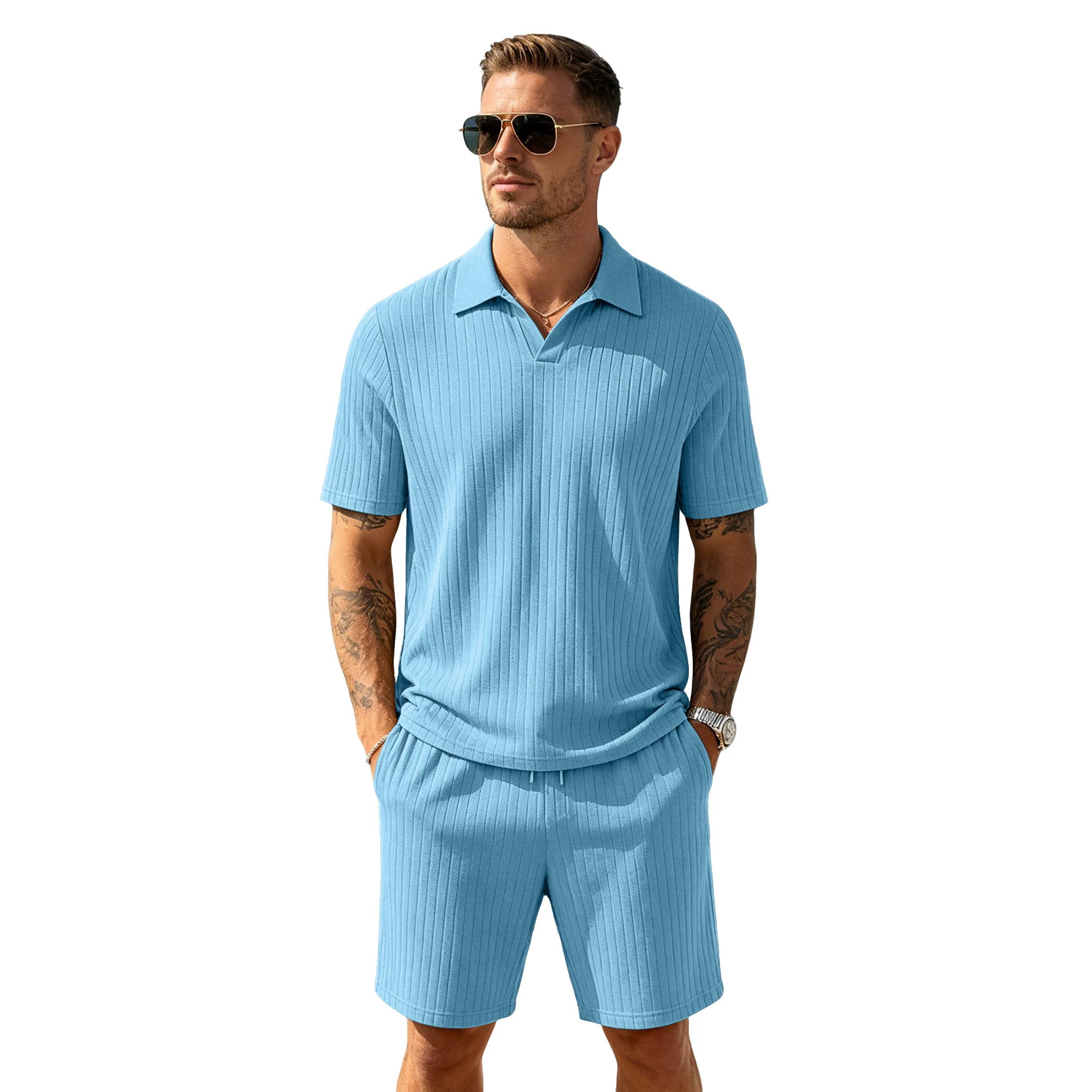 Nuevo transfronterizo de Europa y Estados Unidos para hombres verano nuevo tipo de piel transpirable tela jacquard rectas con solapa juego deportivo casual