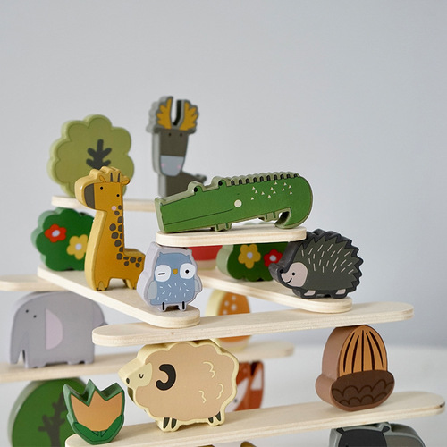 Children's early education wooden animal stacking building blocks fun balanced stacking Arhat parent-child interactive educational toy
