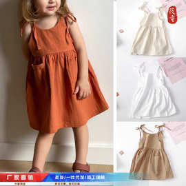亚马逊跨境欧美棉麻吊带连衣裙幼童纯色系带吊带裙女宝宝无袖裙子