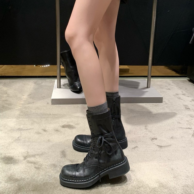 牛皮葡萄妈同款真皮马丁靴女秋冬美拉德西部靴粗跟中筒复古短靴子|undefined