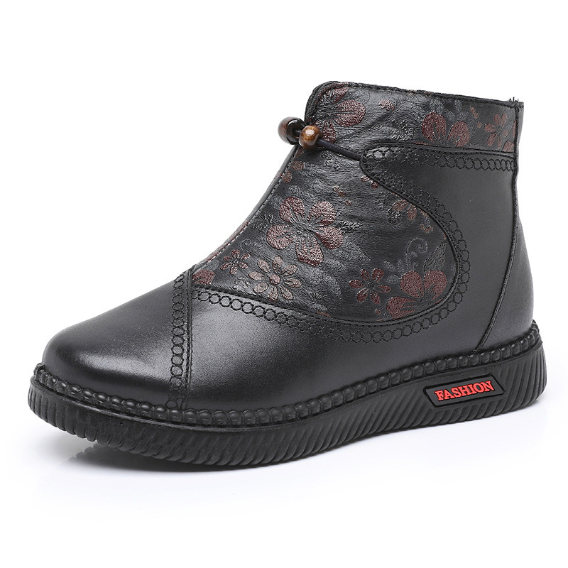 Comercio exterior madre botas cortas calentadas y terciopelo plano zapatos de cuero antideslizantes mujeres botas de invierno terciopelo zapatos de algodón de ancianos