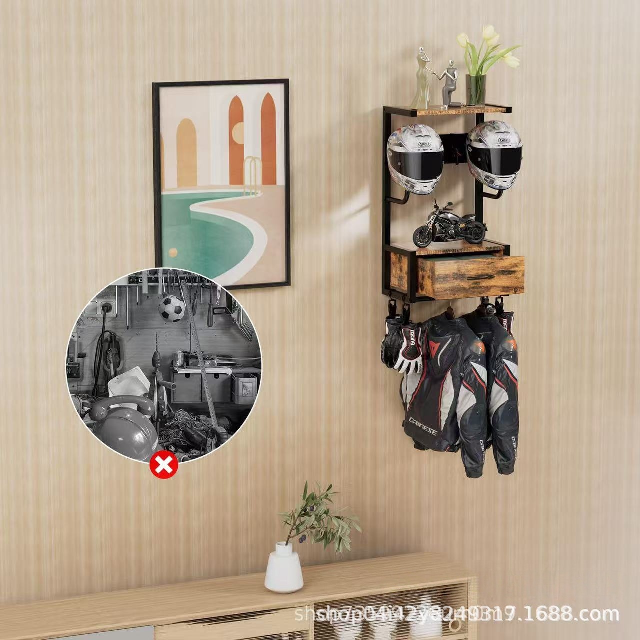 Wooden Motorcycle Helmet Holder Wall-Mounted Helmet Stand with Helmet Rack Riding Gear Accessories Storage Organizer