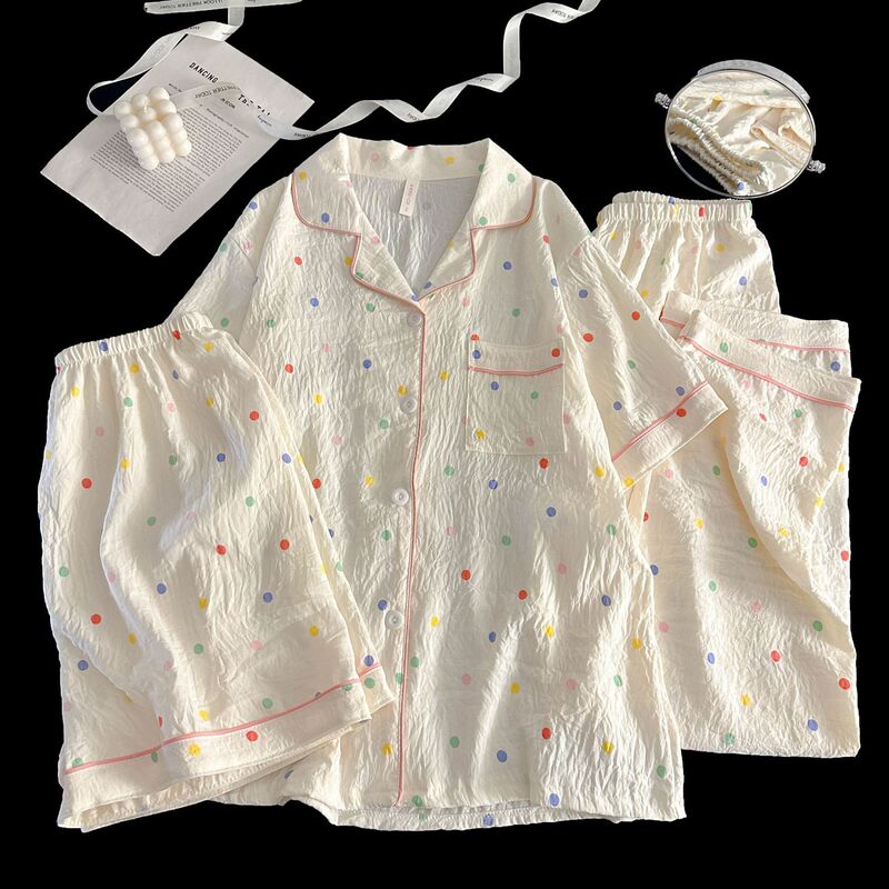 Popular Live-Stream Cardigan Set Short-Sleeve Shorts Long Pants Pajamas Women's Cloud Cotton Three-Piece Set Loungewear Cross-Border Trade