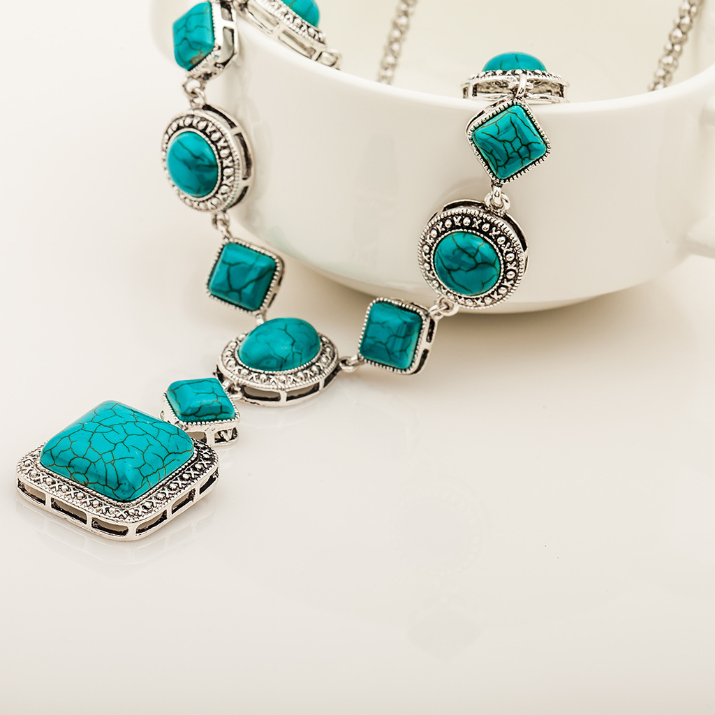 Retro Square Oval Water Droplets Alloy Inlay Turquoise Women's Bracelets Earrings Necklace display picture 6