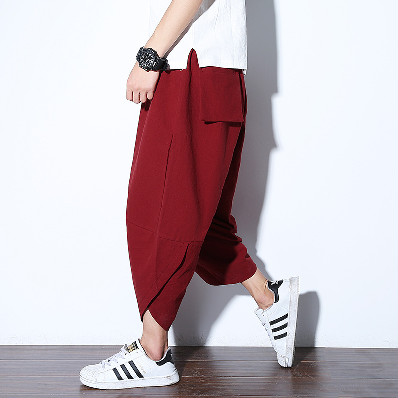 Chinese wind summer new men solid color loose seven lanterns in large size retro trend casual carrot pants