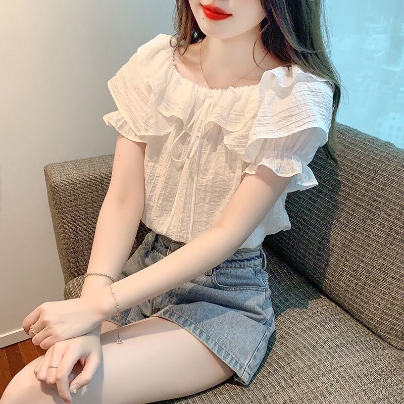 French Style Ruffled Top for Women, Summer Design, Chic Drawstring Shirt, Niche Puff Sleeve Chiffon Shirt