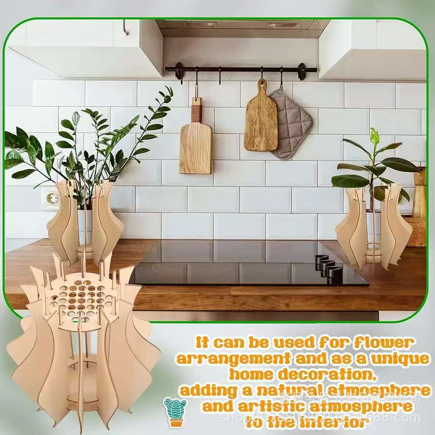 Nuevo jarrón de rompecabezas de bricolaje de madera transfronterizo, decoración de mosaico, decoración de escritorio de la sala de estar del hogar, jarrón de plantas verdes de madera