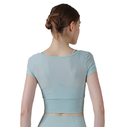 Breathable fake 2-piece pure lust style halterneck with chest pad short-sleeved yoga clothes for women tight-fitting navel revealing slimming sports top