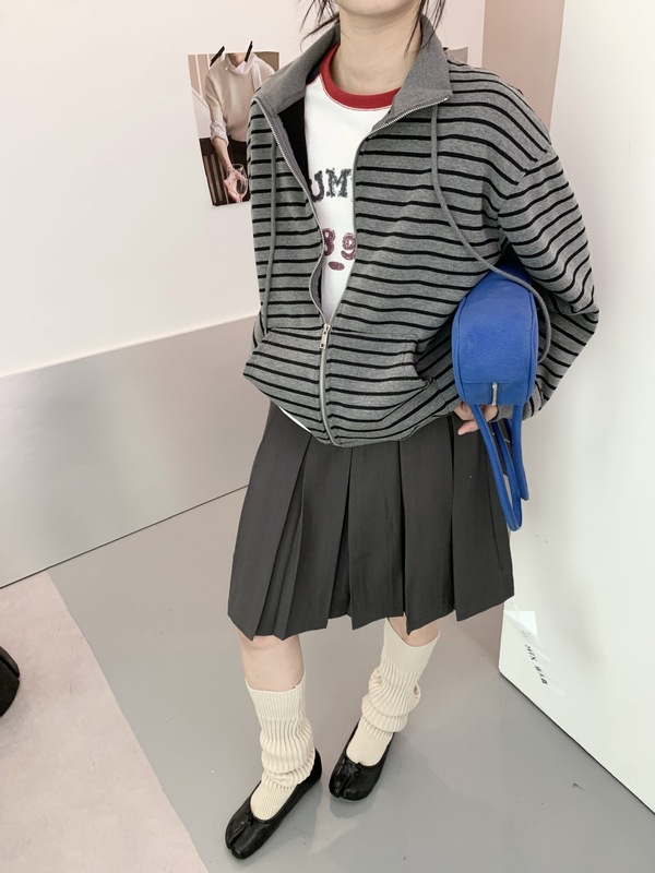 25s复古条纹卫衣开衫女 秋冬新款宽松慵懒风立领拉链厚款外套批发|undefined
