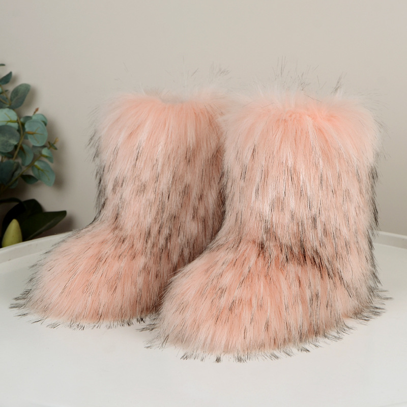 Europa y América transfronteriza nuevas botas de piel imitación de piel de zorro de mapache botas de nieve de invierno cálido engrosada botas de media pantorrilla