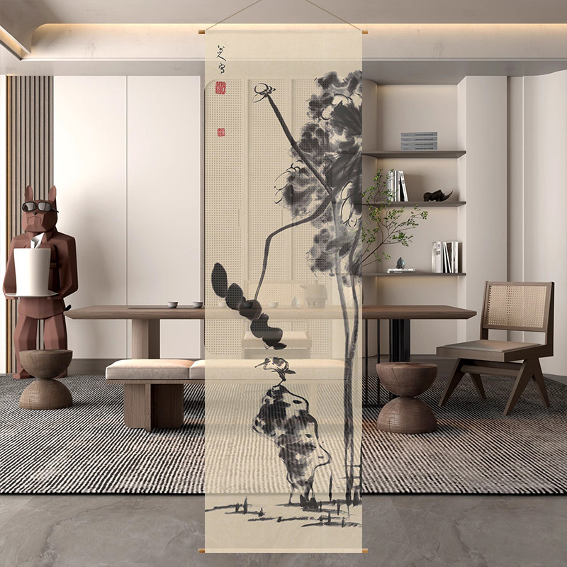 書道と絵画のコレクション、半透明のガーゼ吊り布、店舗装飾、長いカーテン、茶室の中庭の装飾、書道のガーゼカーテン、ドアカーテン|undefined
