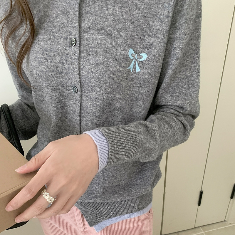 纯羊毛开衫女士蝴蝶结刺绣外套早秋新款撞色圆领上衣百搭小香风|undefined